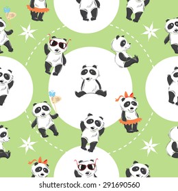 Seamless pattern with nice cartoon pandas on a green background.