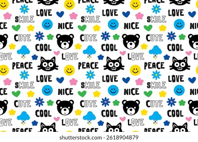 seamless pattern with nice, cool, peace lettering and cute bears and cats