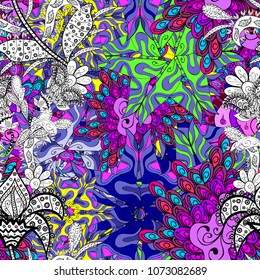 Seamless pattern Nice fabric pattern. Cute background. Black, violet, blue, magenta on colors. It can be used on wallpaper, wrapping boxes, mug prints, baby apparels etc. Doodles pattern. Vector.