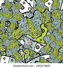 Seamless pattern Nice fabric pattern. Vector sketch. It can be used on wallpaper, wrapping boxes, mug prints, baby apparels etc. Green, neutral and black on colors. Doodles pattern. Cute background.