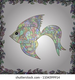 Seamless pattern. Nice fish on white, neutral and green colors. Cute fish Vector illustration. Tropical fish, sea, aquarium fishes.