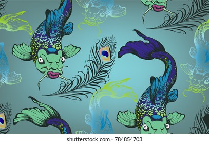 Seamless pattern of nice fishes and peacock feathers in asian style. Vector illustration