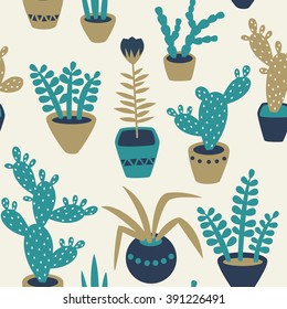 Seamless pattern with nice flowers in pots. Vector illustration.