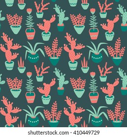 Seamless pattern with nice flowers in pots. Vector illustration.