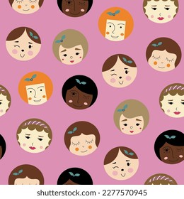 Seamless pattern, nice girlish faces. Continuous background, feminine image. Stylish repeating design
