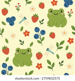 Seamless pattern with nice green frog, dragonfly, berry and leaf