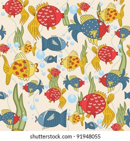 Seamless pattern with nice varicoloured fishes