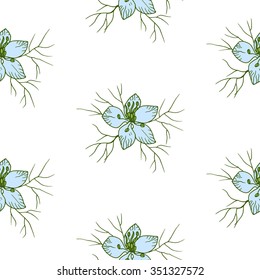 Seamless pattern of Nigella sativa (black cumin) flowers. Floral texture for label, print, spring fashion, textile design, fabric, home decor, shop website, wallpaper. Hand drawn vector illustration