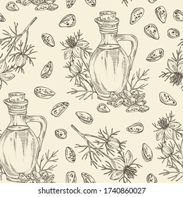 Patrón sin foco con nigella sativa y botella de aceite de nigella sativa. Ilustración dibujada a mano por el vector