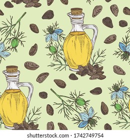 Seamless pattern with nigella sativa and bottle of nigella sativa oil. Vector hand drawn illustration