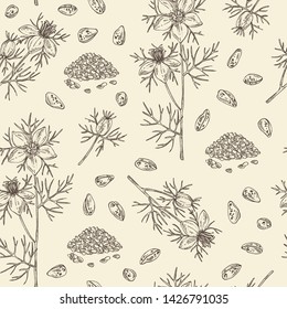 Seamless pattern with nigella sativa: seeds and flower of nigella sativa. Vector hand drawn illustration