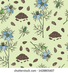 Seamless pattern with nigella sativa: seeds and flower of nigella sativa. Vector hand drawn illustration