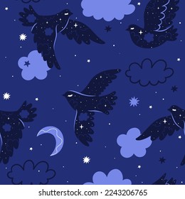 Patrón sin foco con aves nocturnas al estilo boho. Gráficos vectoriales.