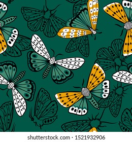 Seamless pattern. Night butterflies. Exotic moths. Midnight green. Color trend palette. Shade of green. Fashion color.