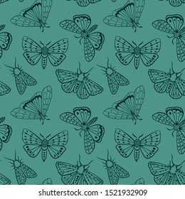 Seamless pattern. Night butterflies. Exotic moths. Light emerald color. Color trend palette. Shade of green. Fashion color.