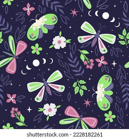 Patrón sin inconvenientes con las mariposas nocturnas y las flores.Gráficos vectores.