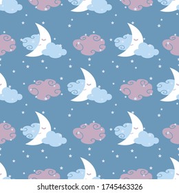 Seamless pattern night illustration with moon and clouds on blue background with small stars