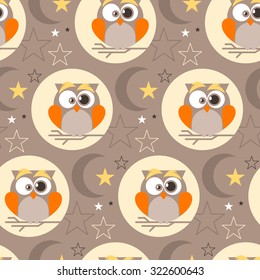 Seamless pattern with night owl, moon and stars