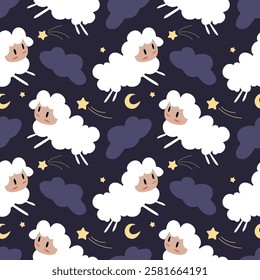Seamless pattern of night with sheep in cartoon style. 