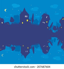 Seamless pattern of  night and silhouettes of houses. Blue  texture  