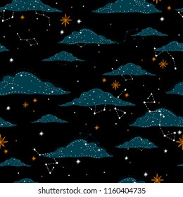 Seamless pattern with a night sky of cloud stars and constellations. Hand-Drawn illustration Background. Beautiful elegant magic abstract picture. For printing on textiles, wallpaper and other decor. 