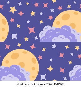 Seamless pattern of night sky with clouds and moon surrounded by stars different shapes in a flat style. . Vector illustration