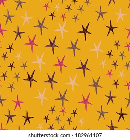 Seamless pattern with night sky and colorful hand drawn doodle stars.  Endless orange backdrop. Vector illustration. Use for wallpaper, print, pattern fills, web page background.