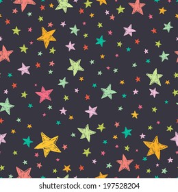 Seamless Pattern With Night Sky And Colorful Hand Drawn Doodle Stars. Vector Tiling Background.