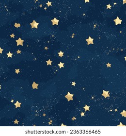 Seamless pattern of the night sky with gold foil constellations stars and clouds watercolor