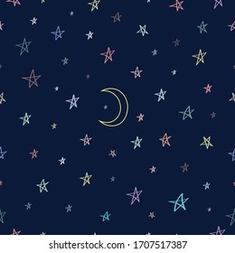 Seamless pattern of night sky. Hand drawn stars and moon. Wrapping paper pattern