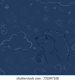 Seamless pattern - Night sky and hedgehog. Card or wrapping paper