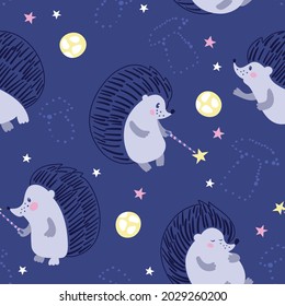 
Seamless pattern with the night sky, hedgehogs, magic wands. Background for the children.