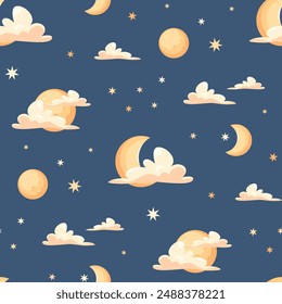 Seamless pattern of night sky with moon, clouds and stars on navy blue background, Vector illustration in flat cartoon style. Background for children, kids design, textile, scrapbooking, nursery room