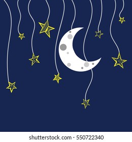 Seamless pattern with the night sky. Moon, the stars hanging on threads. Children's pattern. Vector Illustration.