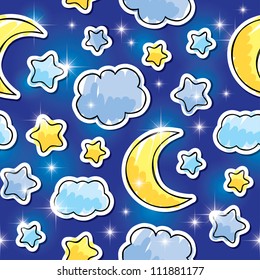 seamless pattern with night sky, stars, clouds and moons