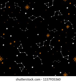Seamless pattern with a night sky of stars and constellations. Hand-Drawn illustration Background. Beautiful elegant magic abstract picture. For printing on textiles, wallpaper and other decor. 