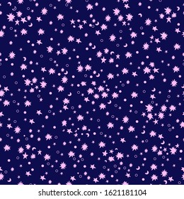 Seamless pattern of night sky with stars and moons on indigo blue background.