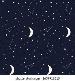 Seamless pattern with night sky, stars and moon. Vector background.