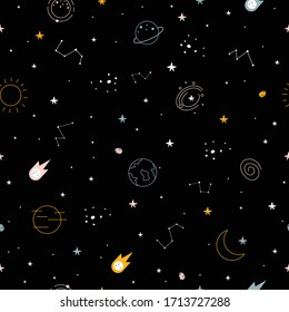 Seamless pattern The night sky with stars and constellations scattered Design concepts used for publication, background, wallpaper, textile, vector illustration