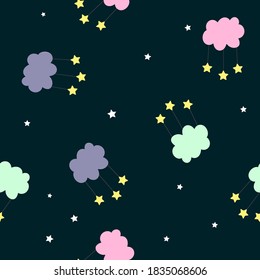 
nahtloses Muster mit Nachthimmel, Sternen und Wolken. bedruckt für die Gestaltung von Kindergewebe, Alben und Notebooks.