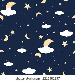 Nahtlose Muster des Nachthimmels mit Sternen, Mond, Wolken. Geeignet für den Druck auf Textilien und Papier. Geschenkverpackung, Kleidung, Postkarte, Bettwäsche.