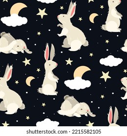 Seamless pattern of the night sky with stars, moon, clouds and rabbits. Suitable for printing on textiles and paper. Gift wrapping, clothes, postcard, bed linen.