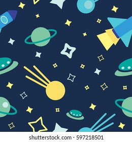 Seamless pattern with night sky with stars, space rocket, flying saucer, comet. Vector background