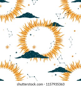Seamless pattern with a night sky sun of stars and constellations. Hand-Drawn illustration Background. Beautiful elegant magic abstract picture. For printing on textiles, wallpaper and other decor. 