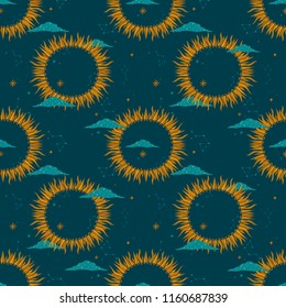 Seamless pattern with a night sky of sun stars and constellations. Hand-Drawn illustration Background. Beautiful elegant magic abstract picture. For printing on textiles, wallpaper and other decor.