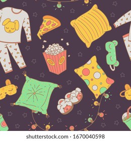 Seamless pattern with night sleeping clothing and pajama evening items, vector illustration in sketch doodle style. Endless texture on topic of sleepover party.