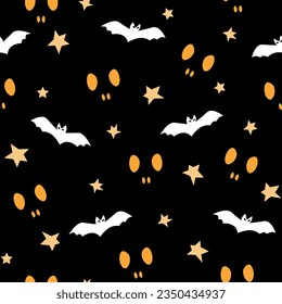 Seamless pattern with night starry sky and bats and eyes glowing in the dark. Vector graphics.