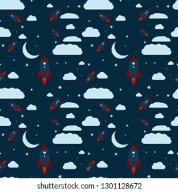 Seamless pattern night theme rocket launch clouds stars and moon crest