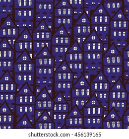 Seamless pattern with night town.
Dark blue houses with yellow windows.
