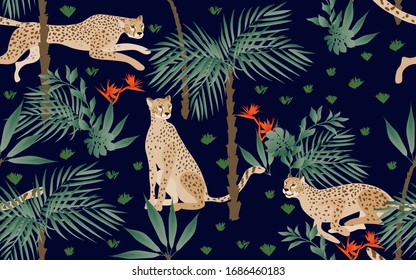 Seamless pattern with night tropical print on a black background. Running, hunting and seated jaguars in the jungle. Trees, palm leaves, plants, Strelitzia flowers and animals of the rainy forest. 